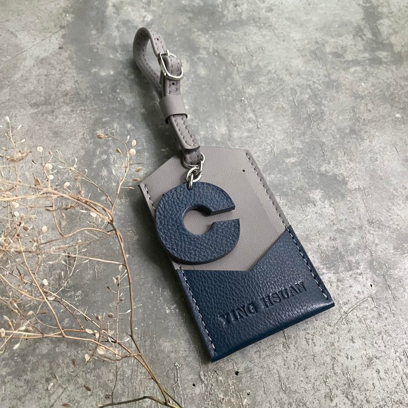 Luggage tag vegetable tanned dark blue/cloud gray customized gift - Luggage Tags - Genuine Leather Pink