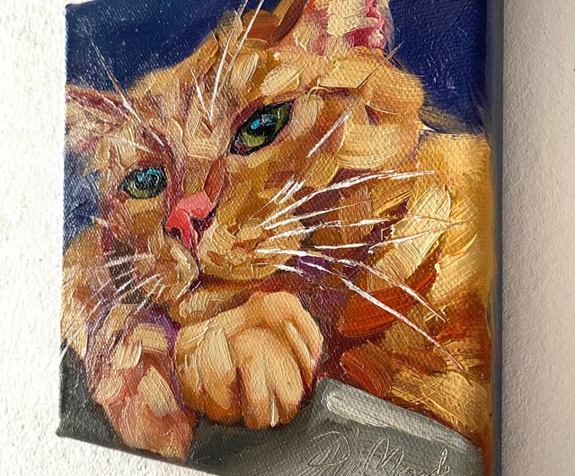 猫の肖像画 オリジナルペットアートワーク 油絵キャンバス 6x6インチ