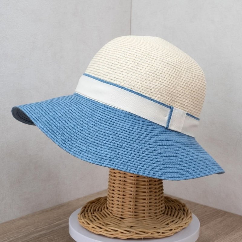 [Made in Taiwan] European-style simple lady's hat, off-white and blue sky paper braided hat, washable - หมวก - กระดาษ สีน้ำเงิน