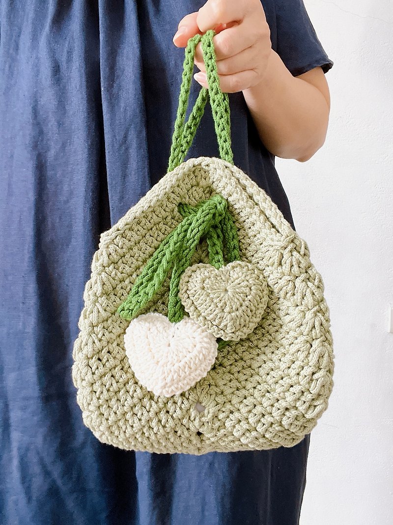 Crocheted 4-corner shrink bag with 2 hearts and 3 uses, mint green medium size - Messenger Bags & Sling Bags - Cotton & Hemp 