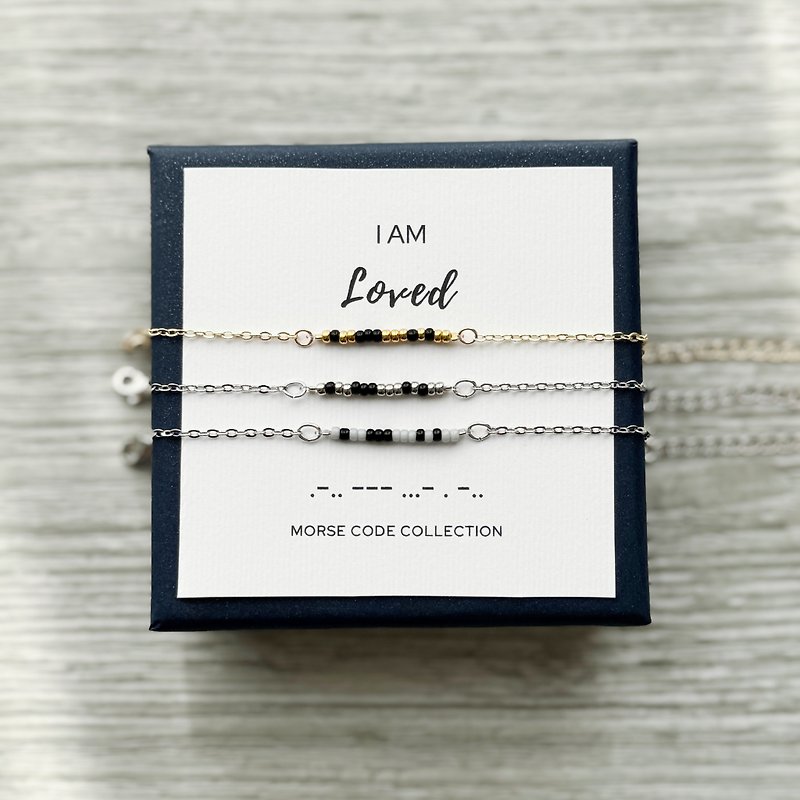 【Healing Series】Be loved. I am Loved. Morse code. rice bead bracelet - สร้อยข้อมือ - วัสดุอื่นๆ สีดำ