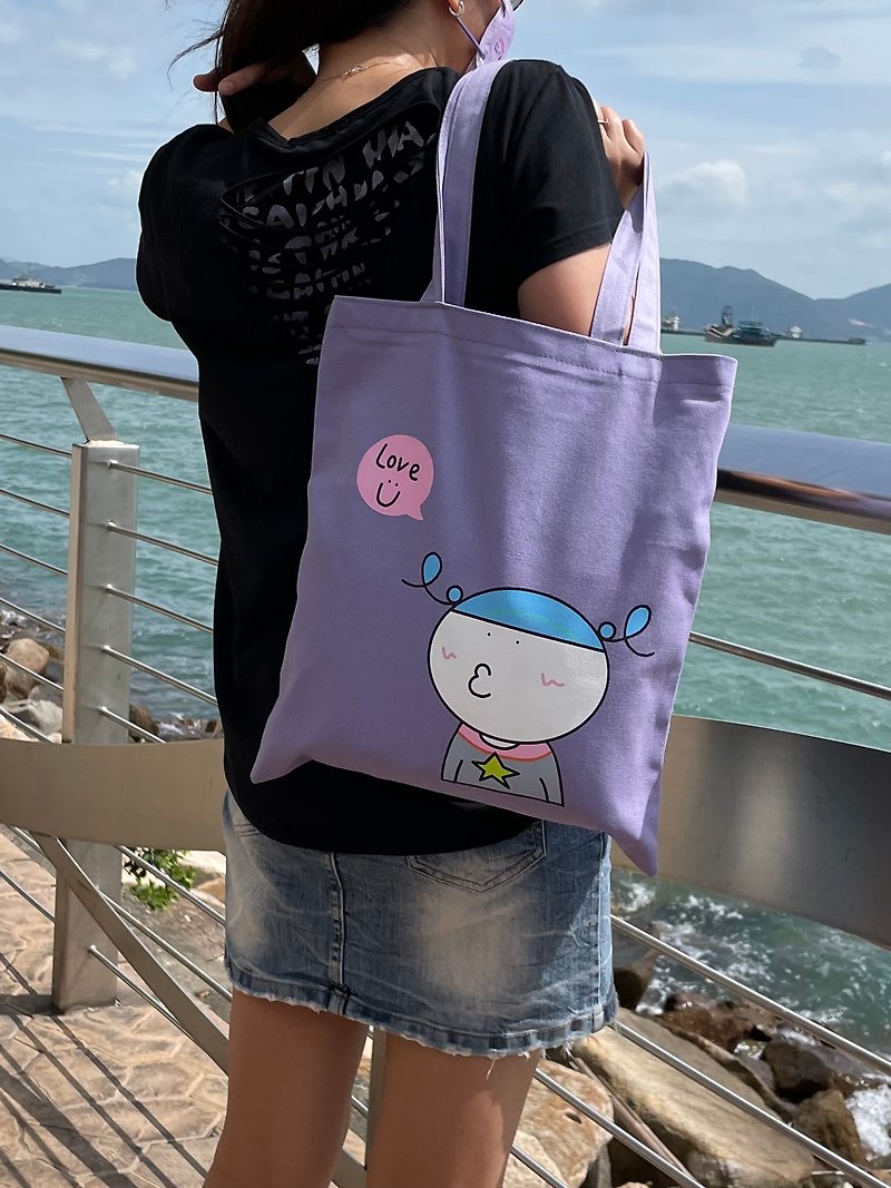 原創手繪外星小V拉鍊帆布袋。紫色米色。香港人設計 - 手提包/手提袋 - 棉．麻 紫色