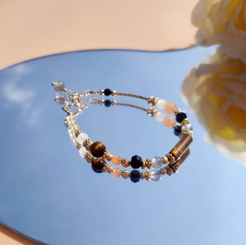 糖玉琥珀。タイガーアイ サンストーン シトリン 14KGF クリスタルストーンデザインブレスレット - ブレスレット - クリスタル ブラウン