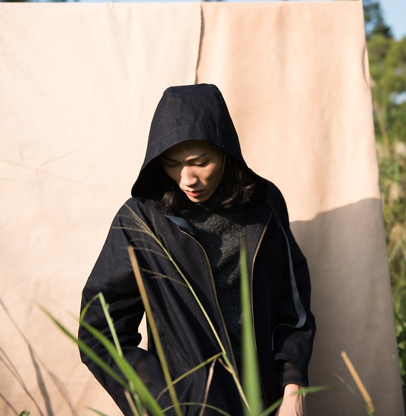 Tanjung Series│Cloak Blouses│Earth機・設計││ Denim Cloak - เสื้อฮู้ด - ผ้าฝ้าย/ผ้าลินิน สีดำ