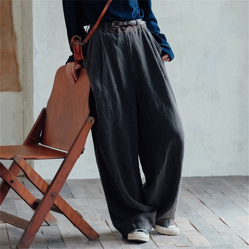 Salt green retro casual linen colorblock trousers flat waist straight drape versatile wide leg wide trousers - Women's Pants - Cotton & Hemp Green