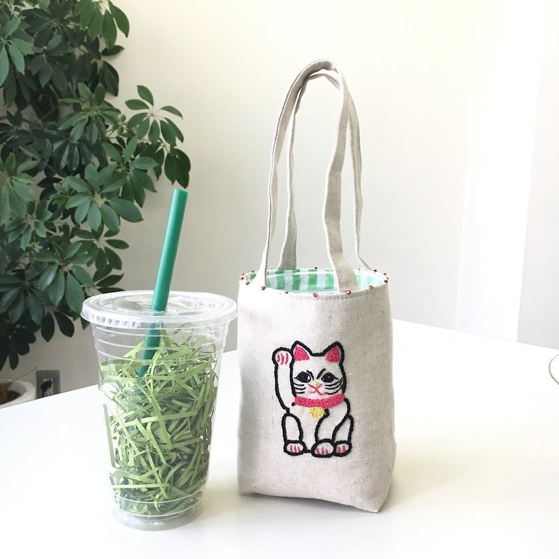Cafe bag invitation cat right hand - กระเป๋าถือ - ผ้าฝ้าย/ผ้าลินิน ขาว