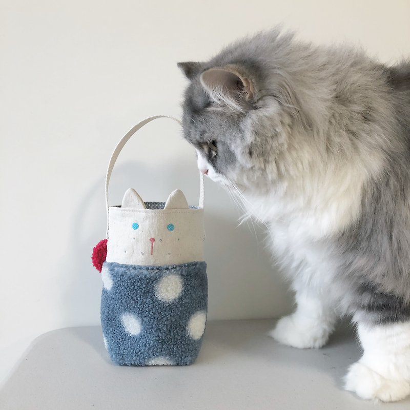 富士貓飲料袋。冬天版 - 飲料提袋/杯袋/杯套 - 棉．麻 藍色