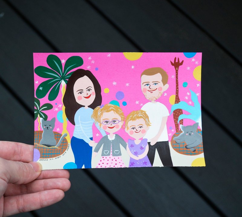 Warm and customized family portrait-4 person parent-child portraits Birthday/Valentine's Day/Wedding/Christmas/Mother's Day - Customized Portraits - Paper Pink