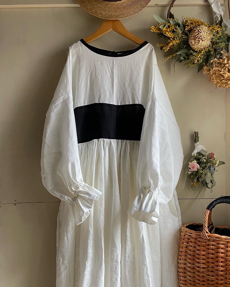 bi-coler gather dress(white/black) - One Piece Dresses - Cotton & Hemp White