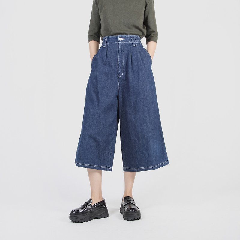 [Egg plant vintage] fallen silhouette vintage high waist denim wide pants - กางเกงขายาว - ผ้าฝ้าย/ผ้าลินิน สีน้ำเงิน