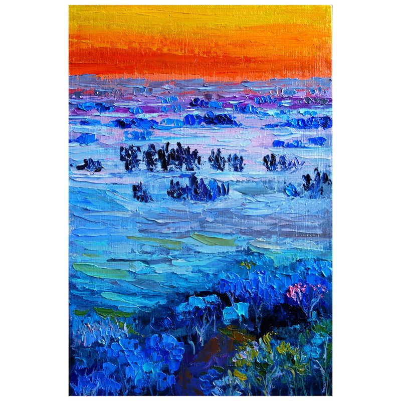 Abstract Sunset Painting Oil Landscape Original Art Artwork Impasto Canvas Art - 海報/掛畫/掛布 - 其他材質 多色