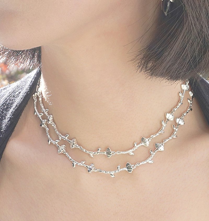 (925 Sterling Silver) Flower chain choker necklace_Silver - Necklaces - Sterling Silver Silver