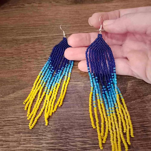 White Bird gallery of exquisite jewelry from Halyna Nalyvaiko Extra long Ukrainian blue and yellow gradient earrings Seed bead earrings