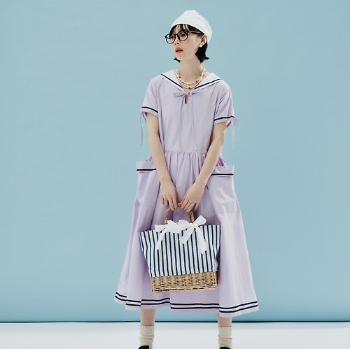 imakokoni 紫色夏季純棉海軍領白色洋裝 / 連身裙 裙子 口袋