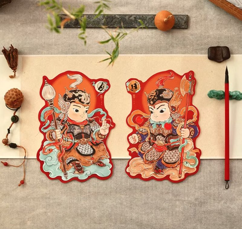 Chinese style 2025 Year of the Snake cute door god sticker - Stickers - Paper Red