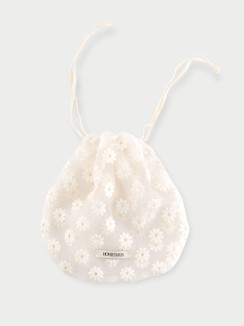 Flower Embroidery Lace Pouch Bag - 化妝包/收納袋 - 棉．麻 白色