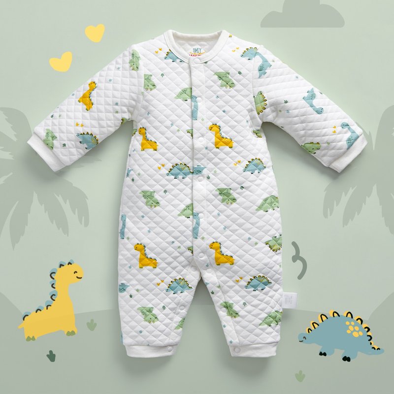 OMYMONSTER - Dinosaur Paradise Long Sleeve Padded Jumpsuit Cotton Jumpsuit - เสื้อยืด - ผ้าฝ้าย/ผ้าลินิน สีเขียว