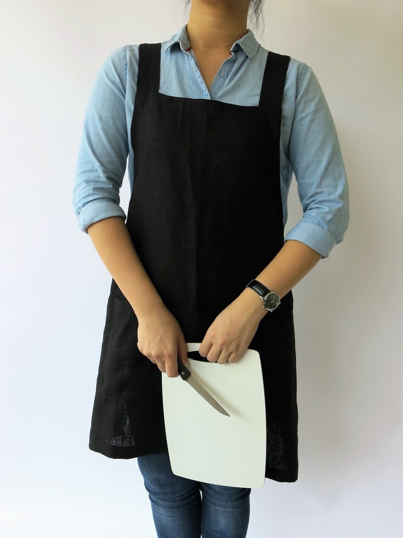 100% Linen Criss Cross Apron, Japanese Apron, No Tie Apron in BLACK-ONE size fit ALL - 圍裙 - 棉．麻 黑色
