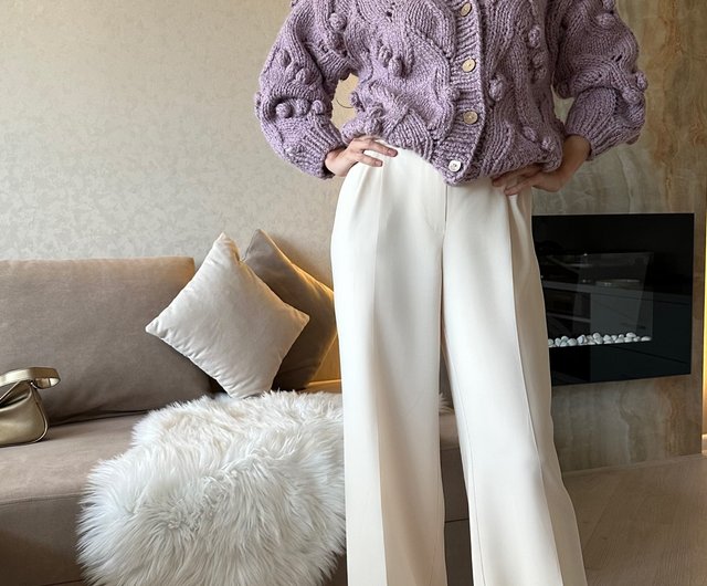 女性用バブルス ニット カーディガン ラベンダーのチャンキー