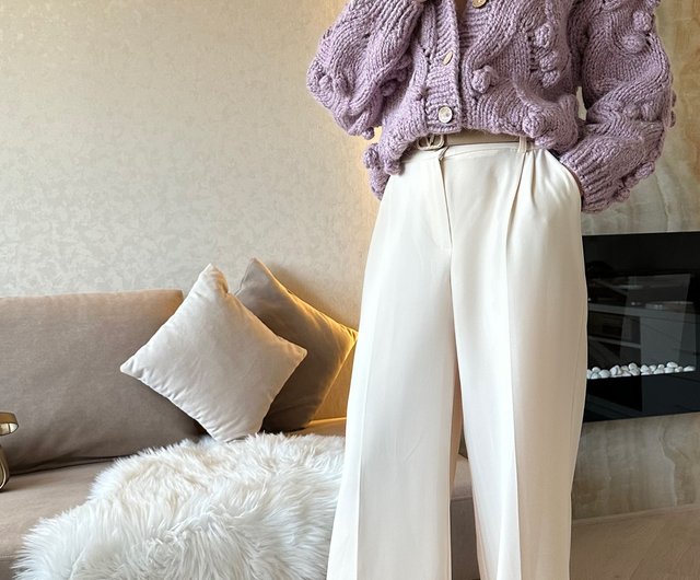 女性用バブルス ニット カーディガン ラベンダーのチャンキー