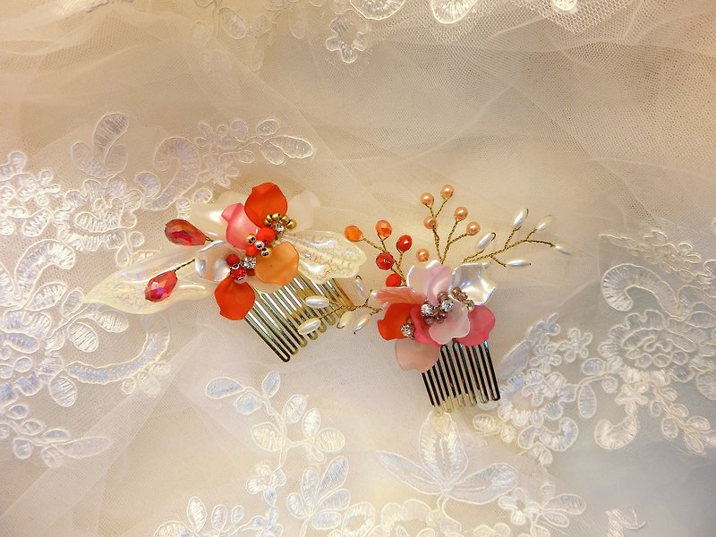 Wear a happy decoration Jiao Ruo Chunhua series - the bride comb. French comb. Buffet wedding - a combination of red - Hair Accessories - Other Metals Red