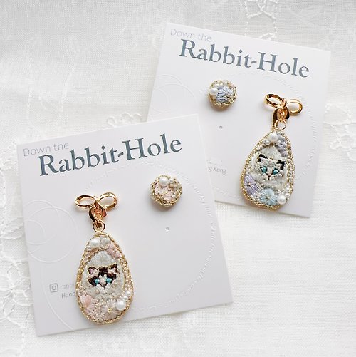 Rabbithole 兔窩 花叢中的布偶貓 手工刺繡耳環