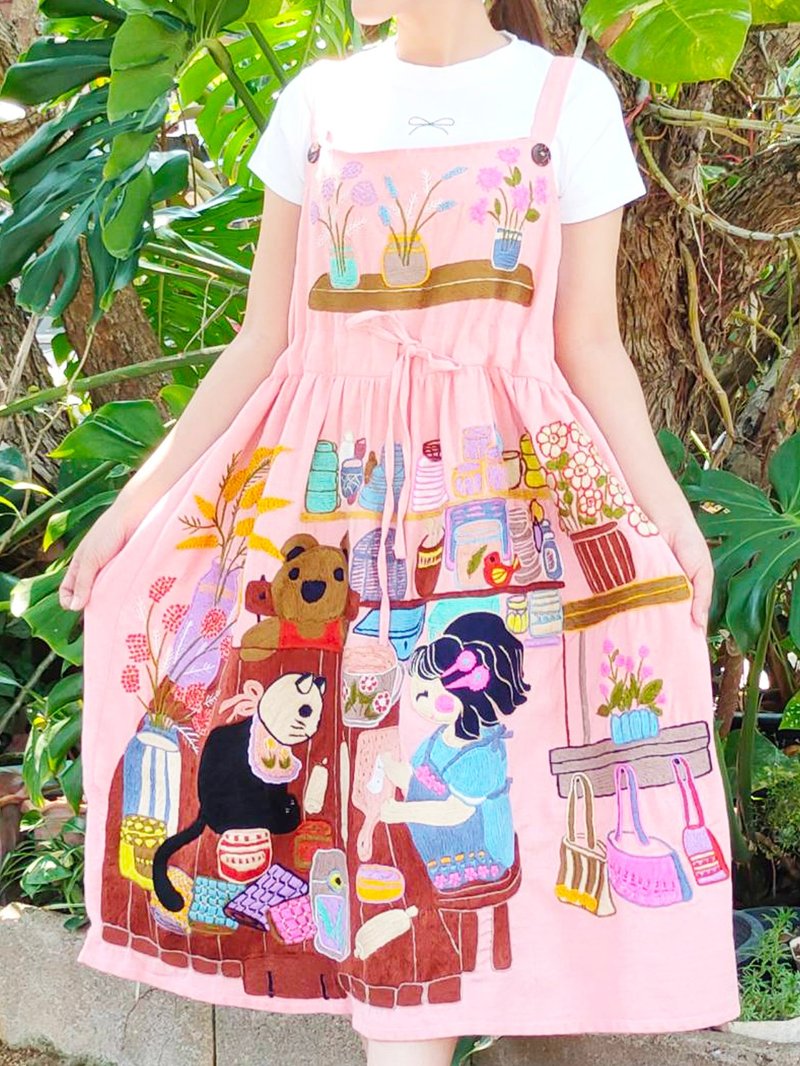 Hand-Embroidered Cotton Dress – Little Girl Baking in the Kitchen - One Piece Dresses - Cotton & Hemp Pink