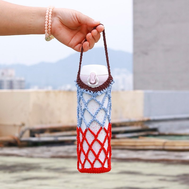 Cotton Thread Big Circle Cup Holder Beverage Bag-Red Blue - กระเป๋าถือ - ผ้าฝ้าย/ผ้าลินิน สีแดง