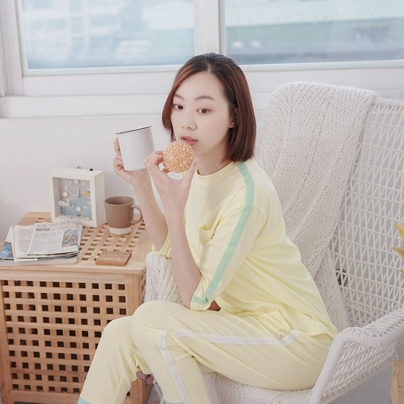 MIT organic cotton stitching five-quarter sleeve loungewear - goose yellow - ชุดนอน/ชุดอยู่บ้าน - ผ้าฝ้าย/ผ้าลินิน สีเหลือง