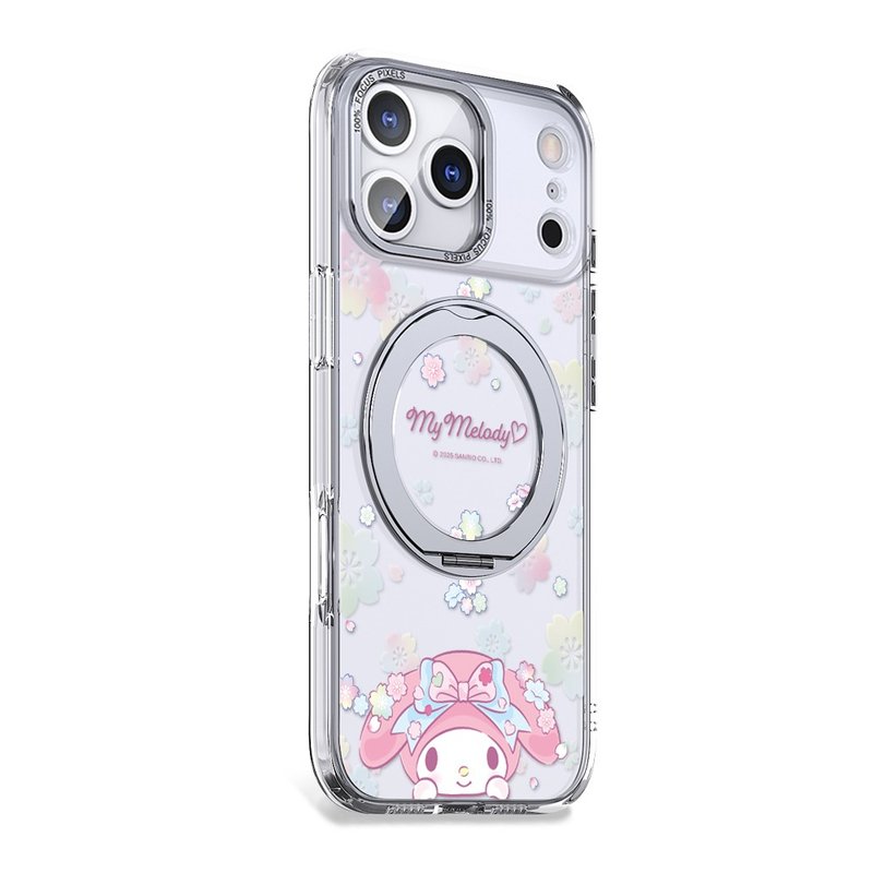 三麗鷗iPhone 17/16/15/14/13/12 360旋轉磁吸立架殼-櫻花美樂蒂 - 手機殼/手機套 - 其他材質 多色