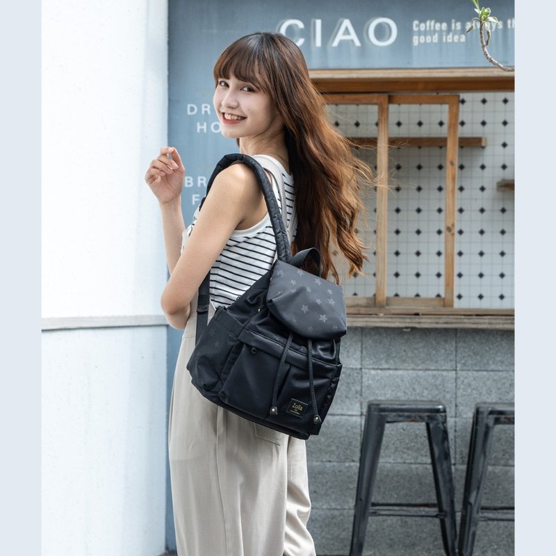 Small fresh drawstring backpack (S)_Starry sky black - กระเป๋าเป้สะพายหลัง - เส้นใยสังเคราะห์ สีดำ