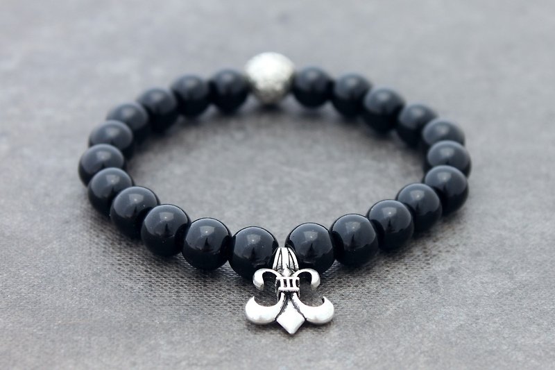 Beaded Obsidian Fleur De Lis Charm Bracelets Men Unisex - Bracelets - Stone Black