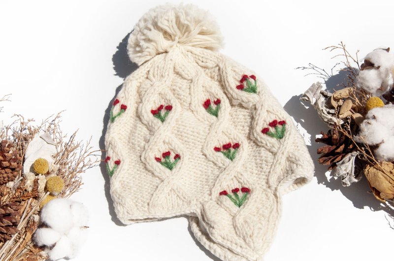 針織純羊毛帽/手工內刷毛毛帽/刺繡毛帽/飛行毛帽/毛線帽-花朵繡 - 帽子 - 羊毛 多色