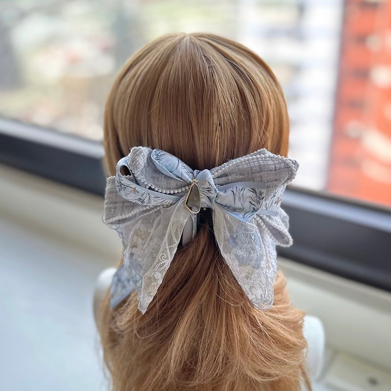 Exclusive lace bow intersecting clip banana clip fairy clip hair clip - gray antique style - Hair Accessories - Other Materials Gray