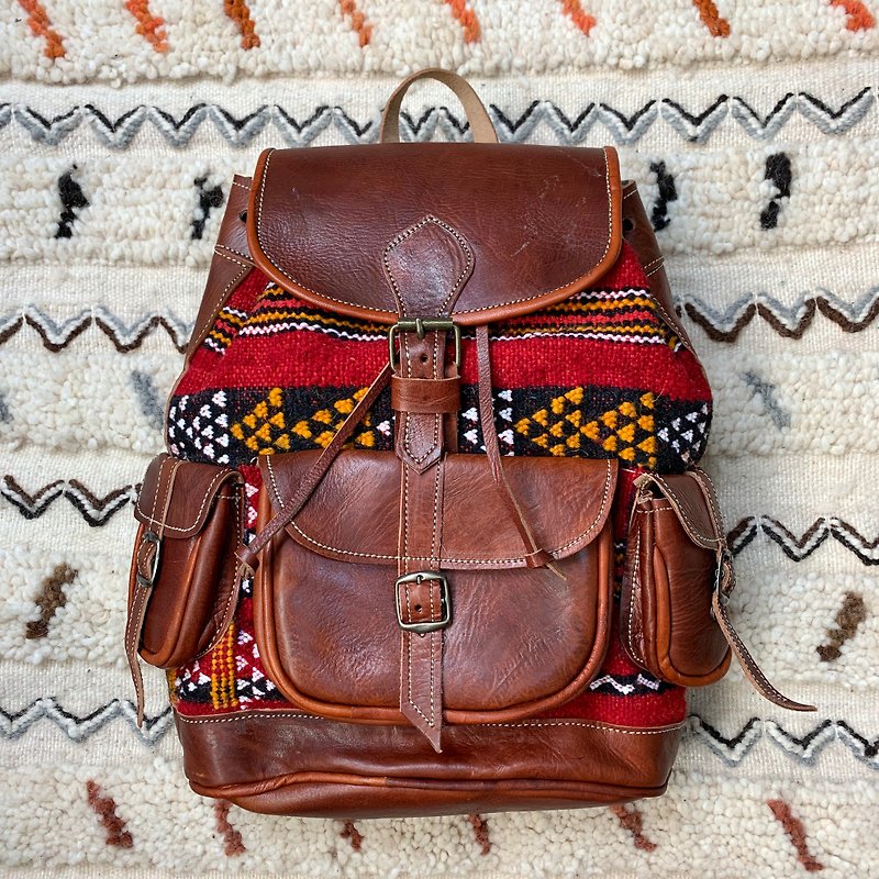 摩洛哥 鑲嵌地毯後背包 拉阿雍的漁網 - 後背包/書包 - 真皮 紅色