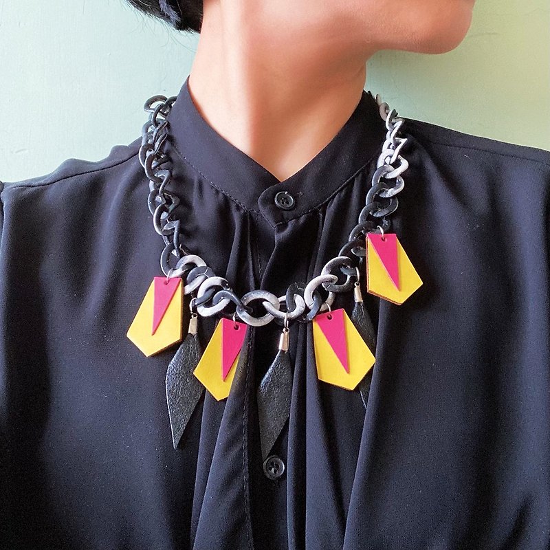 Geometry Colour Block Leather Necklace - Chokers - Genuine Leather Yellow