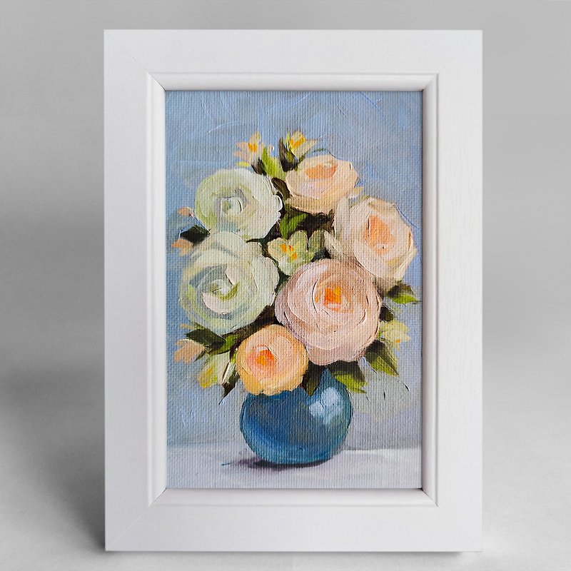 鲜花花束油画在画布上框架原始玫瑰小苍兰家居装饰 - 海報/掛畫 - 棉．麻 