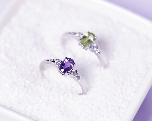 沐銀 紫水晶-橄欖石-純銀戒指-可調式-二月八月誕生石