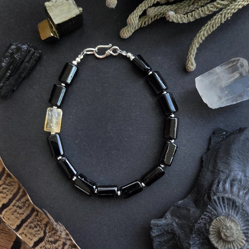 Black Tourmaline Bracelet with Citrine and Silver / Protection, Happiness Amulet - 手鍊/手鐲 - 半寶石 黑色