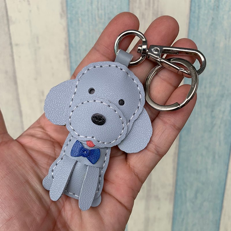 Healing small objects handmade leather gray cute poodle dog hand-stitched keychain small size - ที่ห้อยกุญแจ - หนังแท้ สีเทา