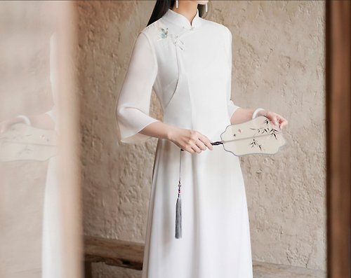 初蟬 新中式 復古禪意茶服高端旗袍白色仙氣連衣裙洋裝