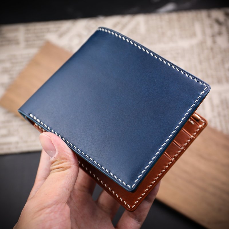 [Wallet, Silver] Blue Italian vegetable tanned leather with customized engraving, handmade by Mister - Wallets - Genuine Leather Multicolor