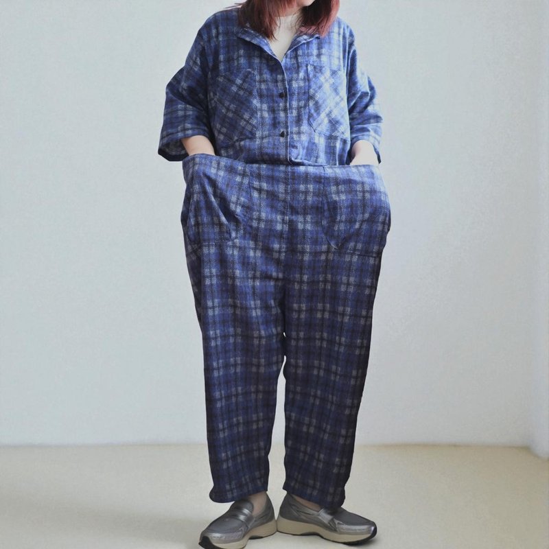 藍黑格多口袋連身褲 - 吊帶褲/連身褲 - 棉．麻 藍色