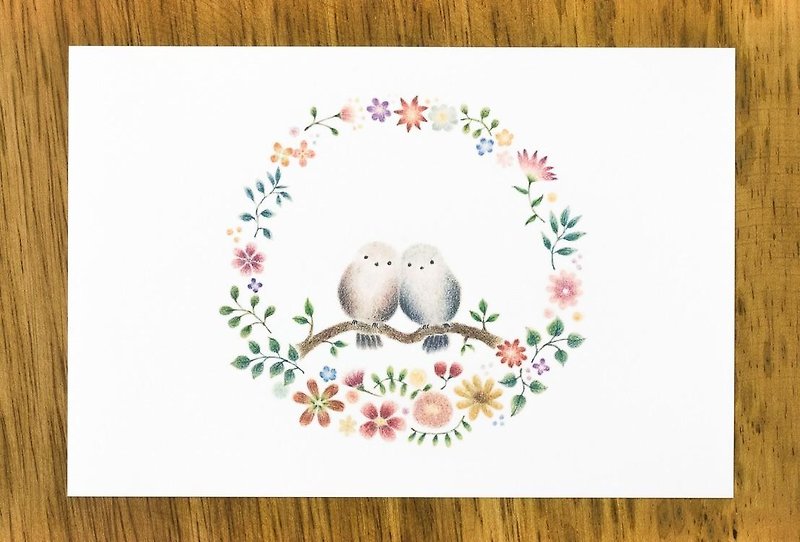 絵本のような。ポストカード "花の輪と二羽の小鳥" (2枚セット) PC-33 - 心意卡/卡片 - 紙 紅色