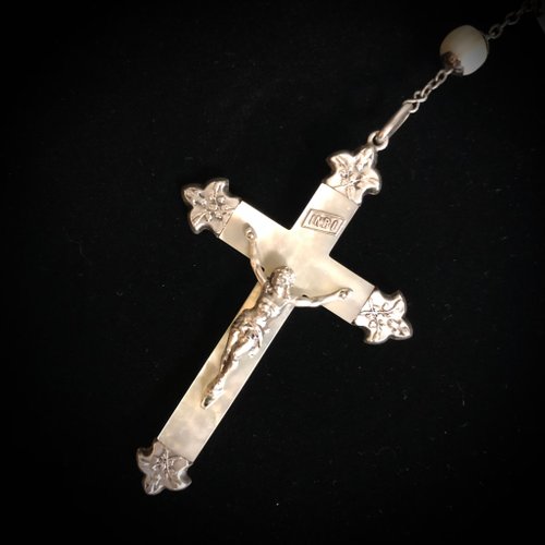 フランスカトリック - 全体マザーオブパールビーズクロスアンティーク