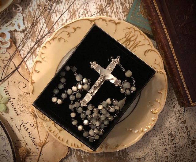 フランスカトリック - 全体マザーオブパールビーズクロスアンティーク