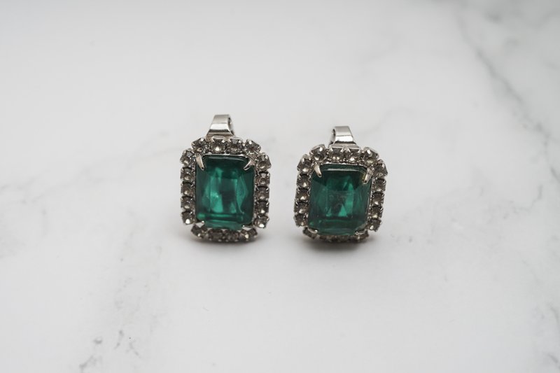 [Antique jewelry / Western old] VINTAGE classic square emerald rhinestone vintage clip-on earrings - Earrings & Clip-ons - Other Metals Blue