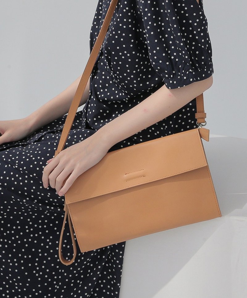 Minimalist leather hand shoulder 2 with brown orange - กระเป๋าคลัทช์ - หนังแท้ สีส้ม