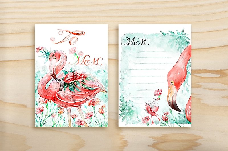 Mother's Day card Mother's Day/flamingo parent-child - Cards & Postcards - Paper Red