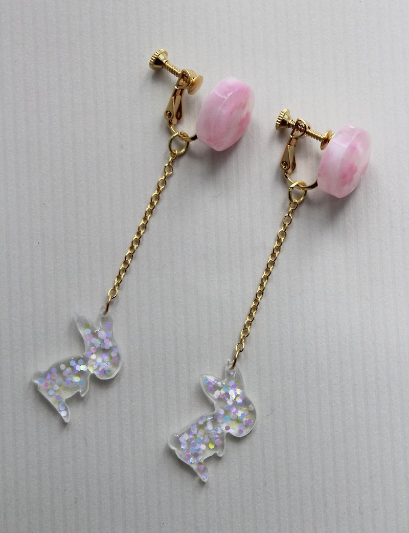 Rabbit and the sakura moon earring - Earrings & Clip-ons - Acrylic Pink